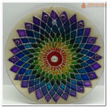 Mandala Pintada em Vidro Simbologia do Arco Íris 14cm