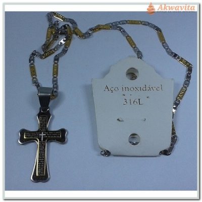 Corrente Dourada Prateada Piastrine Pingente Cruz Pai Nosso