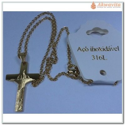 Corrente Dourada Tipo Portuguesa Pingente Cruz Chamas e Oração