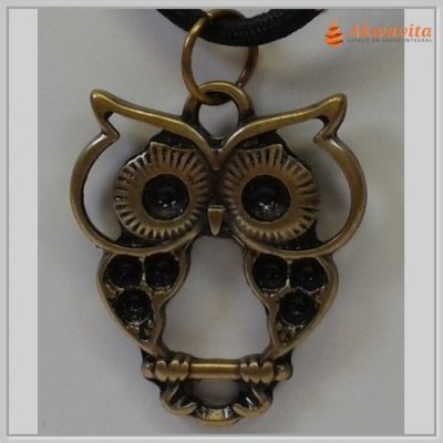 Cordão Preto com Pingente Coruja Vazada Ouro Velho