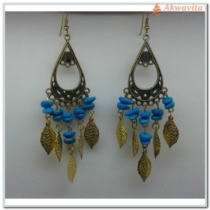 Brinco Dourado com bolinhas Azuis Estilo Cigano