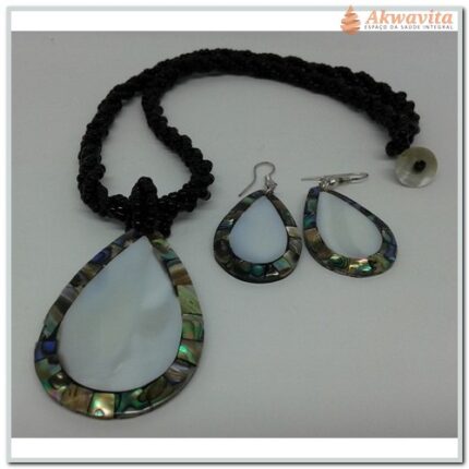 Colar e Brinco Medalhão Abalone Madrepérola em Gota Saúde