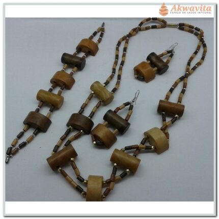 Colar Brinco e Pulseira de Resina Bege e Marron