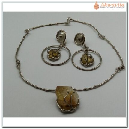 Colar e Brinco Argola Prateado Pedra Citrino Prosperidade