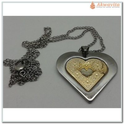 Corrente Aço Inox com Pingente Coração Dourado Prateado