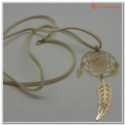 Gargantilha Filtro Sonhos Pena Grande Dourada 32mm