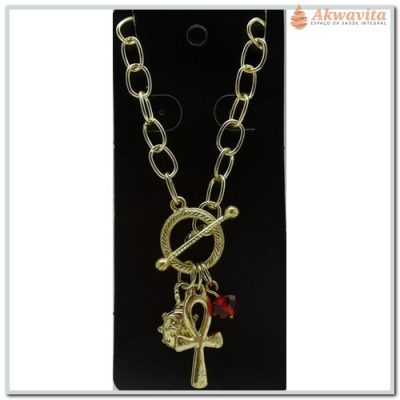 Pulseira com Patuás Cruz Ansata Escaravelho Proteção Dourada