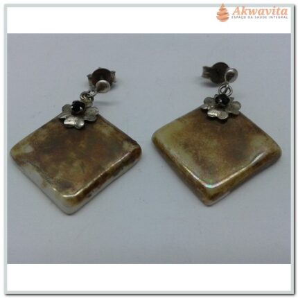 Brinco Porcelana Marrom Quadrado com Prata