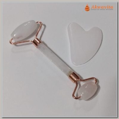 GuaShá em Pedra Quartzo Rosa Rolo e Placa Facial Corporal