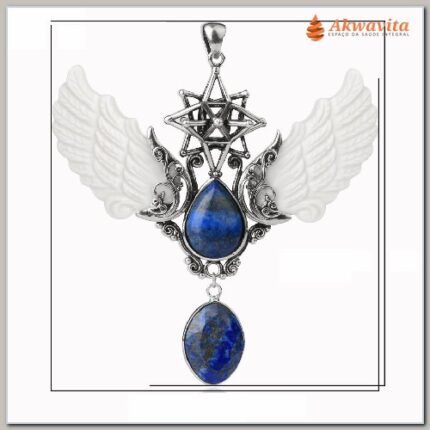 Pingente Merkabah e Asa de Anjo com Pedras Lápis Lazuli
